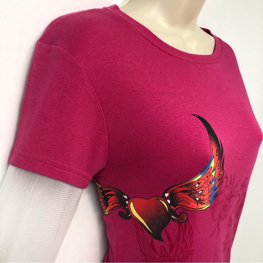 Feathers Pink Sheer Sleeve Tattoo Shirt - image 5
